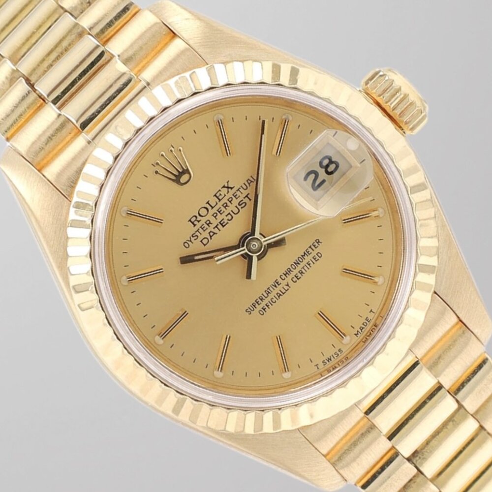 Rolex Ladies Datejust 26mm 18K Yellow Gold Champagne Dial Fluted President 69178